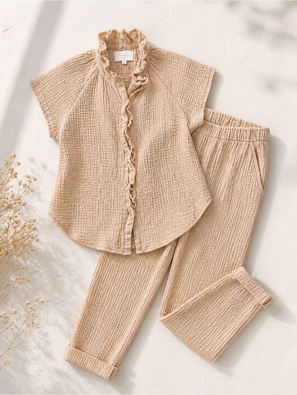 Sundays Beige Ruffled gauze Cotton-Look matching pant set